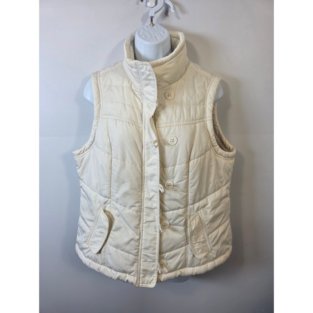 Sonoma Life Style Womens Cream Quilted Puffer Vest Large Full Zip Button Front